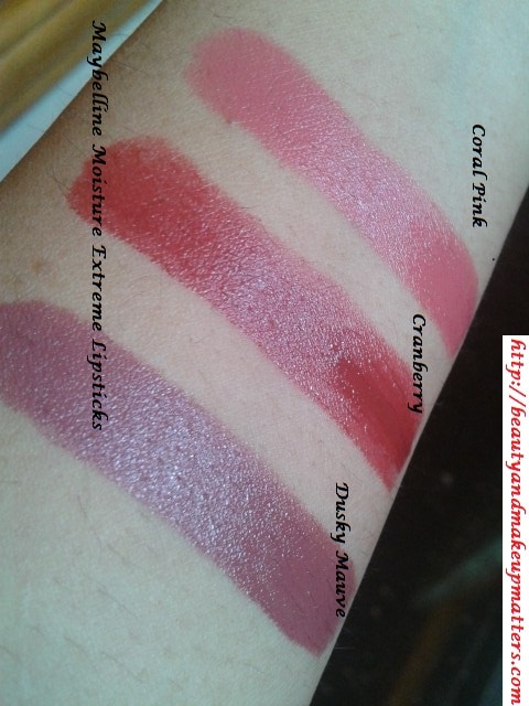 Maybelline-Moisture-Extreme-Cranberry-DuskyMauve-CoralPink-Lipstick-Swatches