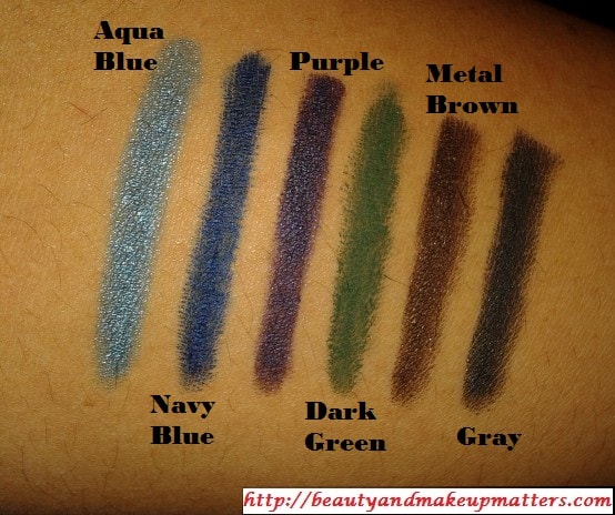 Faces-Long-Wear-Eye-Liner-Gray-Navy-Blue-Dark-Green-Aqua-Blue-Purple-Metal-Brown-Swatch