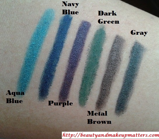 Faces-Long-Wear-Eye-Pencils-Gray-Navy-Blue-Dark-Green-Aqua-Blue-Purple-Metal-Brown-Swatch