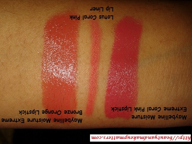 Lotus-Coral-Pink-Lip-Liner-Comparison-Bronze-Orange-and-Coral-Pink-Maybelline-Lipsticks