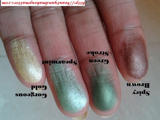 Colorbar-Eye-Shadow-Swatch-in-SpicyBrown-GreenStroke-Spearmint-GorgeousGold