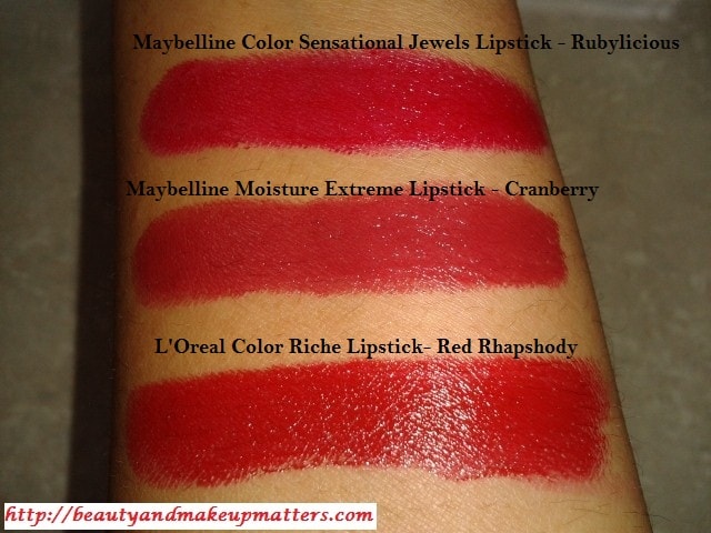 Maybelline-Jewels-Rubylicious-Maybelline-Moisture-Extreme-Cranberry-L'Oreal-Paris-Red-Rhapshody-Swatch