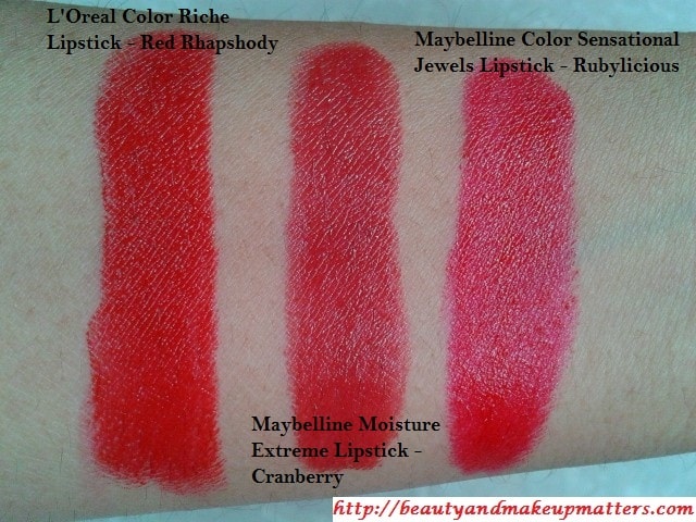 MaybellineRubylicious-MaybellineCranberry-L'OrealRedRhapshody-Lipsticks-Swatch