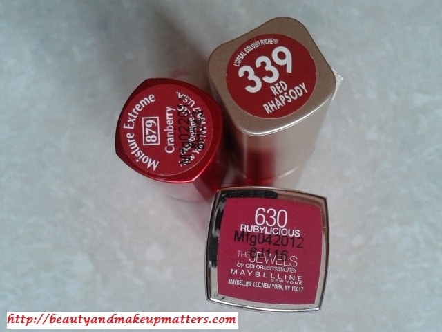 MaybellineRubylicious-MaybellineCranberry-L'OrealRedRhapshody