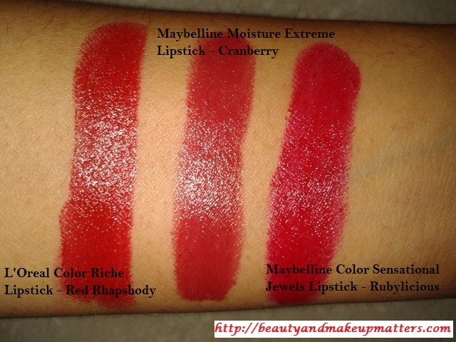 Swatches-of-Red-Lipsticks-From-L'OrealColorRicheRedRhaphspdy-MaybellineJewelsRubyliocious-MaybellineMoistureExtremeCranberry