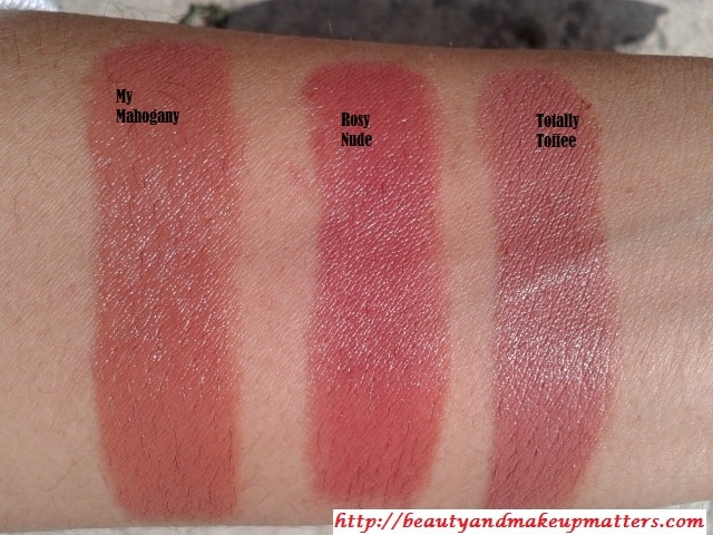 Revlon-ColorBurst-RosyNude-Maybelline-ColorSensational-MyMahogany-And-TotallyToffee-Lipstick-Swatches