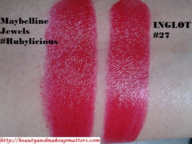 Inglot-Freedom-System-Lipstick-Refill-27-Swatch-Comparison-Maybelline-Jewels-Rubylicious-Lipstick