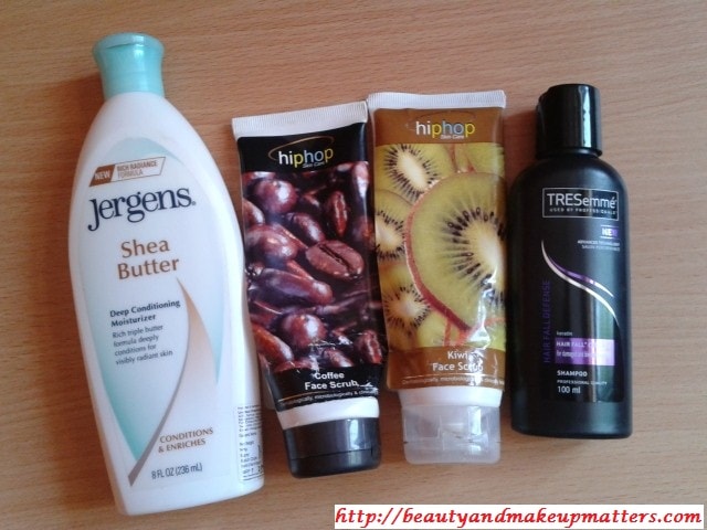 Jergens Shea Butter Moisturizer-Tresemme Shampoo- Hip Hop Scrub Kiwi & Coffee-Finished