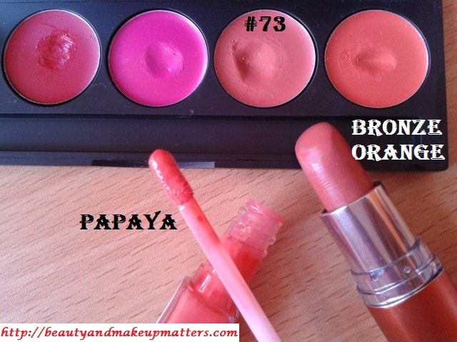 Makeup-Favorites-Oramge-Coral-Lipcolors-Inglot Lipstick #73-Maybelline Bronze Orange-Revlon Papaya Lipgloss