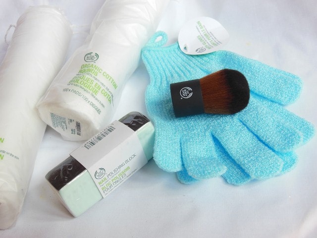 February Makeup Haul- The Body Shop Kabuki Brush, Bath Gloves, Nail Buffer, Cotton Rounds