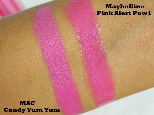 MAC Candy Yum yum and Maybelline Pink Alert Pow1 Lipstick Swatch 1
