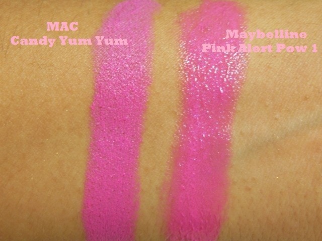 MAC Candy Yum yum and Maybelline Pink Alert Pow1 Lipstick Swatch