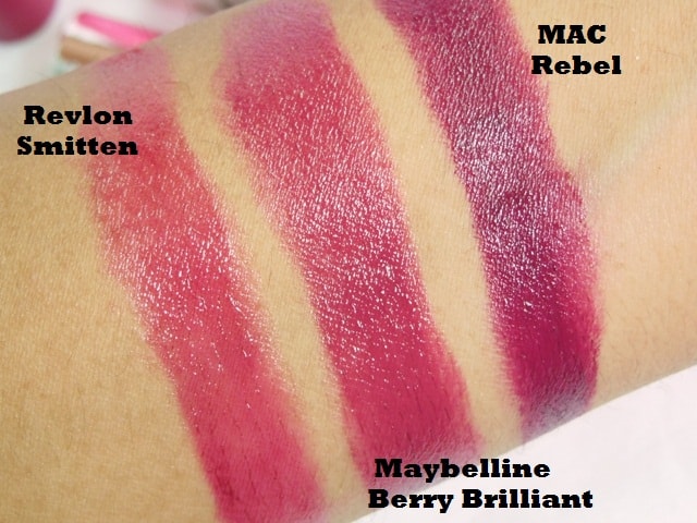 Dupe Discovered - MAC Satin Rebel, Maybelline Berry Brilliant and Revlon Smitten Lipstick Swatch