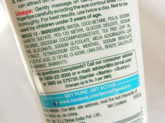 Garnier Pure Active Purifying Face Wash Ingredients