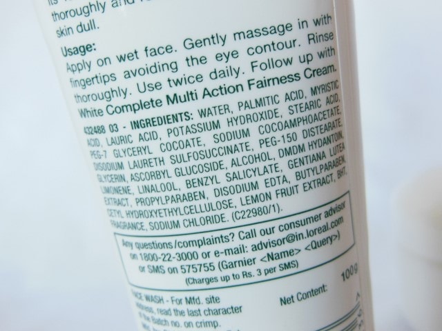 Garnier White Complete Fairness Face Wash Ingredients