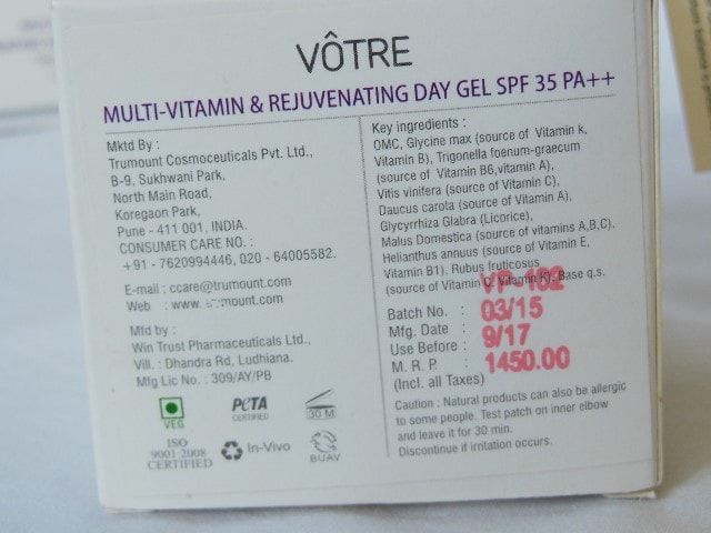 Votre Multi Vitamin and Rejunevating Day Gel SPF 35 Claims