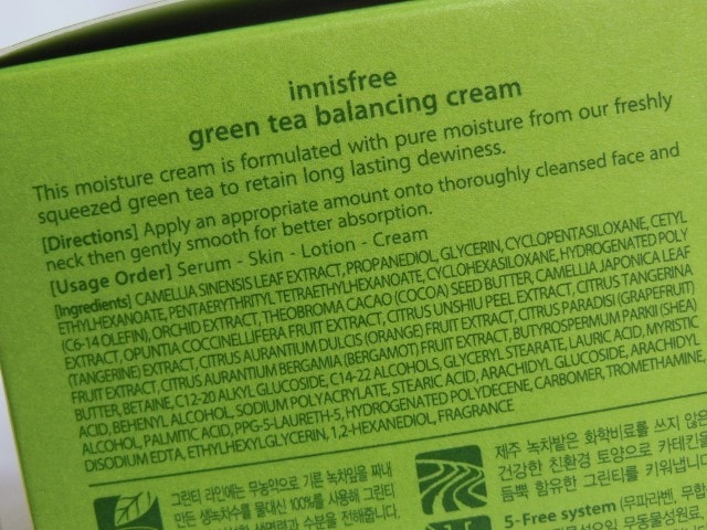 Innisfree Green Tea Balancing Cream Ingredients