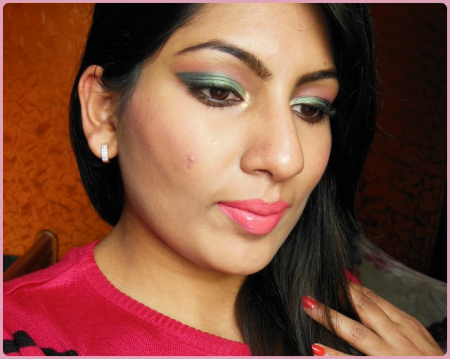 Metallic Green Eyes and Pink Lips Makeup