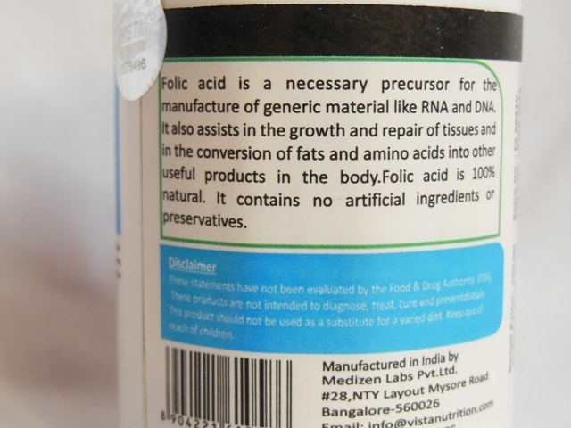 Vista Nutrition Folic Acid Supplement Vegetarian Capsules Claims